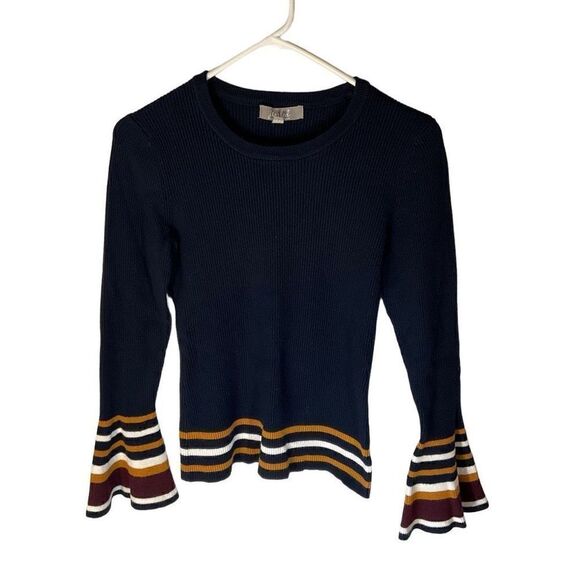 Marled Bell Sleeve Ribbed Contrast Sweater, M, Navy - Picture 6 of 14